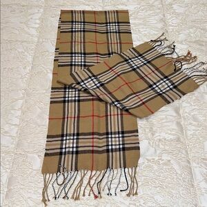 Classic Tan Plaid Scarf with Fringe